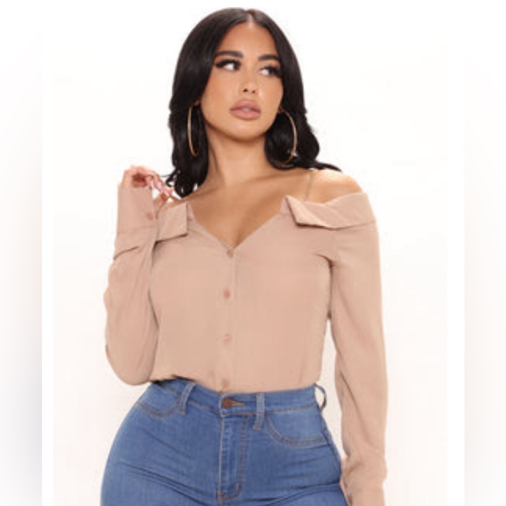 Women’s Tan Off Shoulder Button Up Blouse with Gold Chain - FASHION NOVA​​